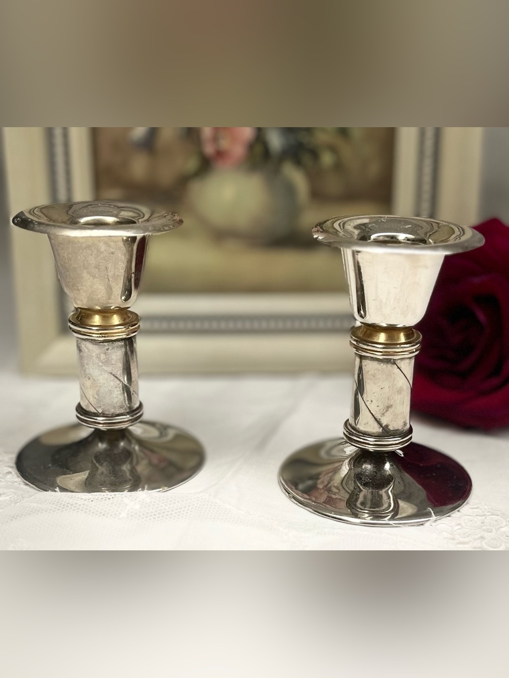 Vintage Mid-Century Modern Candlesticks, Silver Plate & Brass, Set of 2